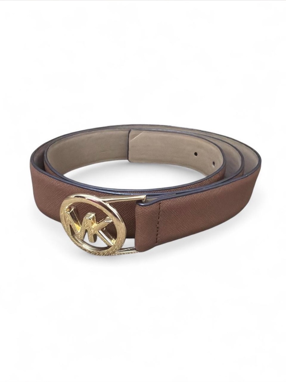 Michael Kors Brown Leather Belt with Gold Tone MK Logo Buckle Large (34-40)